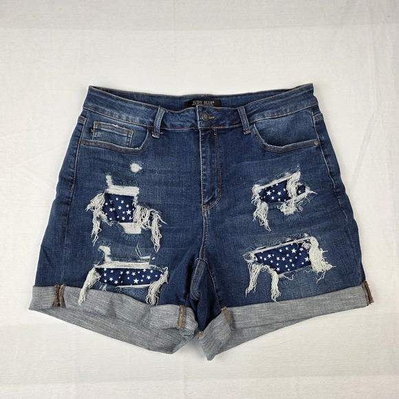 Judy Blue Pants - Judy Blue Shorts Womens Size 1XL Distressed Star Patch Medium Wash Cuffed Hem